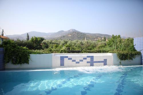 a swimming pool with a mountain in the background at Michaelia Hotel in Petra