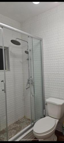 a bathroom with a toilet and a glass shower at Tim Pappies Nature Lodge - Alex's Place in Port Antonio