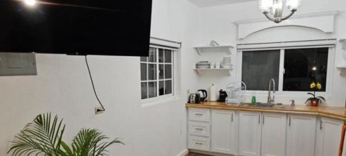 a kitchen with white cabinets and a sink and a window at Alex's Place - Tim Pappies in Port Antonio