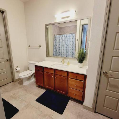 a bathroom with a sink and a toilet and a mirror at Downtown Dream Toyota Ctr/George R Brown/Minute Maid Stadium in Houston