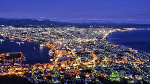 an aerial view of a city at night at Toyoko Inn Hokkaido Hakodate Ekimae Daimon in Hakodate