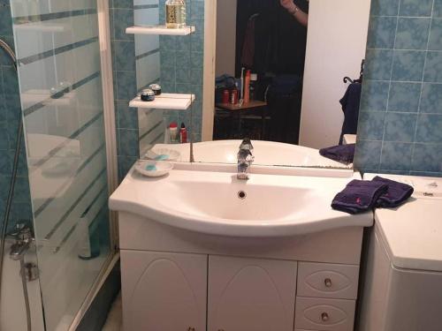 une salle de bain avec un lavabo blanc et une douche dans l'établissement Studio Cabine à Giens avec Terrasse, Piscine et Parking - FR-1-335-193, à Hyères