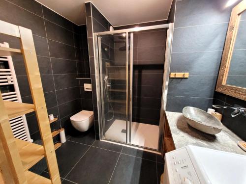une salle de bain avec douche et toilettes dans l'établissement Appartement neuf 32 m² au centre des Gets, pour 4 personnes, proche des commerces et pistes de ski - FR-1-598-160, aux Gets