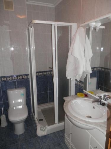 a bathroom with a shower and a toilet and a sink at Pension Restaurante Cantábrico in Cariño