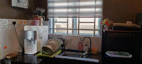 eine Küchentheke mit einer Spüle und einer Mikrowelle in der Unterkunft Studio Teratak Alisha Permatang Pauh in Permatang Pauh
