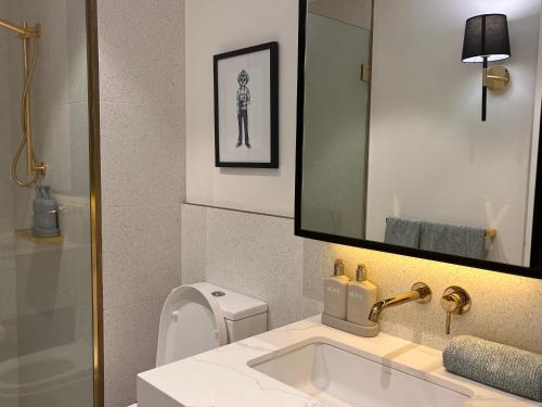 a bathroom with a sink and a toilet and a mirror at Apartment in South Melbourne in Melbourne