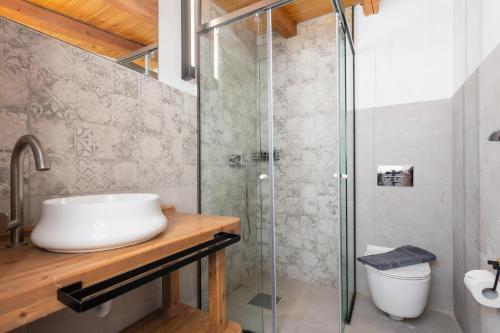 a bathroom with a sink and a shower at La Casa Di Pietre 2 in Kiotari