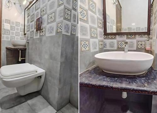 two pictures of a bathroom with a sink and a toilet at Hotel Aaradhya in Udaipur