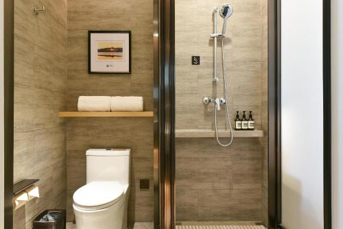 a bathroom with a toilet and a shower at Atour Hotel Wangjing SOHO in Beijing