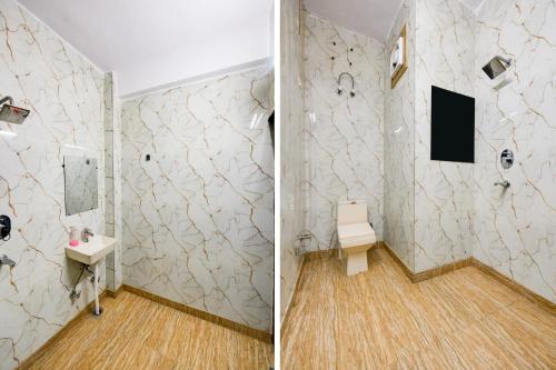 2 fotos de un baño con lavabo y ducha en Hotel Mini Residency - Hari Nagar Ghanta Ghar en Nueva Delhi