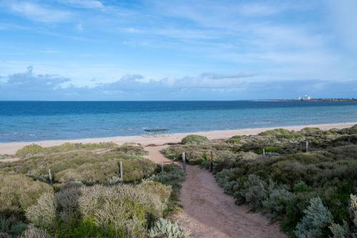 a sandy beach next to the ocean with a bench at Ceduna Shelly Beach Caravan Park in Ceduna