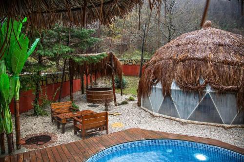 un patio trasero con una cabaña y una piscina en Sapanca Paradise River, en Sakarya