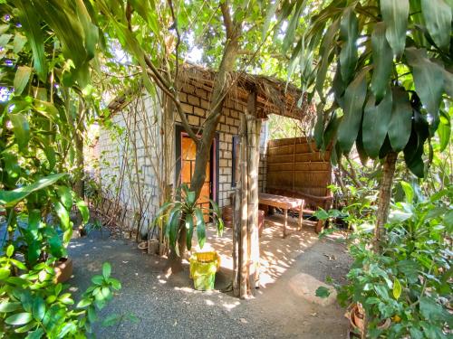 une petite maison avec un banc dans une forêt dans l'établissement Ratanakiri Homestay & Jungle Trek, à Banlung