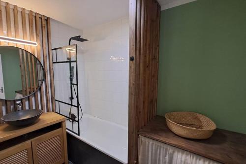 une salle de bain avec un lavabo et une douche avec un miroir dans l'établissement Appartement cozy et calme à Grenoble, à Grenoble