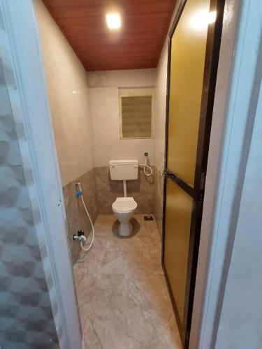 a bathroom with a toilet and a shower at Vighnaharta Homestay in Ganpatipule