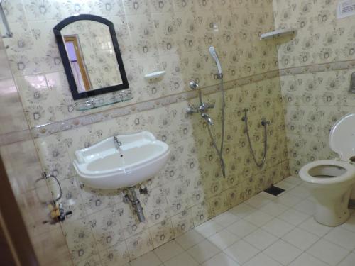 uma casa de banho com um lavatório, um chuveiro e um WC. em Abba's Glory Land - Agonda em Agonda
