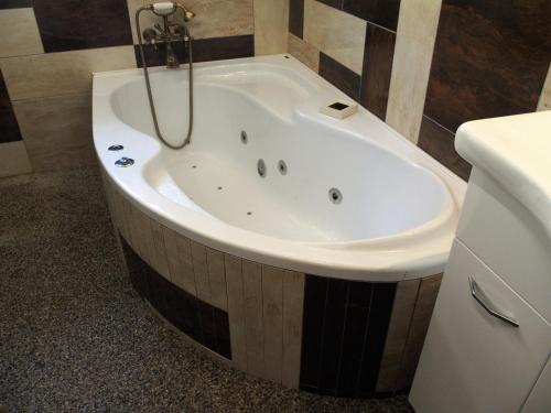 a bath tub in a bathroom next to a toilet at Apartmány U Krumlova in Český Krumlov