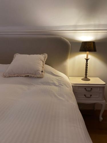 a bed with a white pillow and a lamp on a night stand at Horenbecca Bistro & Wellness in Horebeke