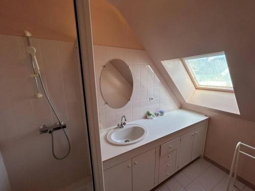 une salle de bain avec un lavabo et un miroir dans l'établissement 802 - Maison avec jardin à quelques pas du centre bourg d'Erquy, à Erquy