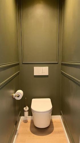 a bathroom with a toilet in a green wall at The Brick House - Appartement Monet in La Roche-Guyon