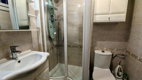 une salle de bain avec une douche, des toilettes et un lavabo dans l'établissement 050 Plein sud - Bel appartement rez de chaussée avec pk et wifi, au Cap d'Agde