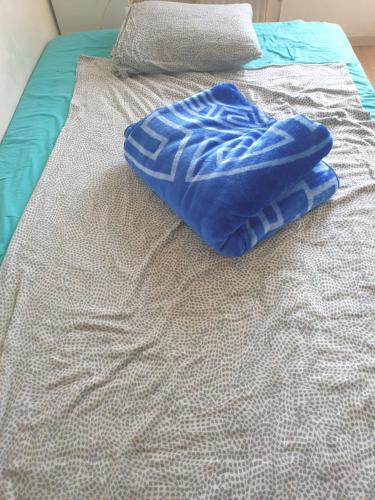 - un oreiller bleu assis au-dessus du lit dans l'établissement Chambre ensoleillee, à Aubervilliers