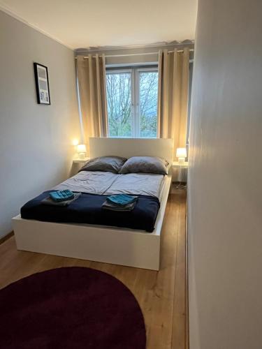a bedroom with a bed and a window at Apartament TURKUSOWY in Kalisz