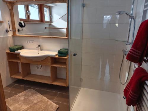 W łazience znajduje się umywalka i prysznic. w obiekcie Chalet Leni w Schladming