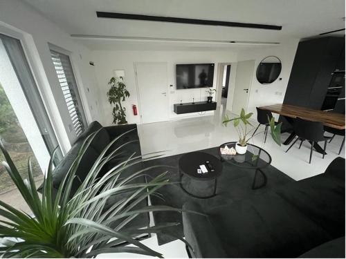 ein Wohnzimmer mit einem Tisch und einigen Pflanzen in der Unterkunft Moderne Wohnung nahe Museum in Sinsheim
