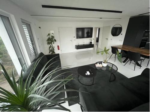 un soggiorno con tavolo e alcune piante di Moderne Wohnung nahe Museum a Sinsheim