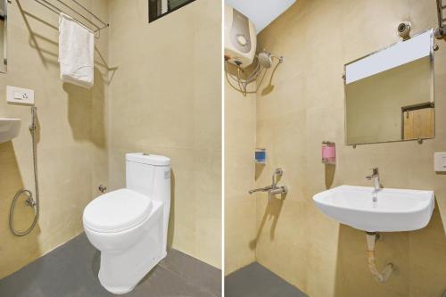 two pictures of a bathroom with a toilet and a sink at Hotel Franklein Stay At Delhi Airport in New Delhi