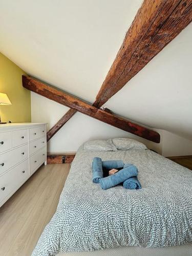 une personne allongée sur un lit dans une chambre dans l'établissement Le chalet des Carmes - Charmant T4 Hypercentre, à Toulouse