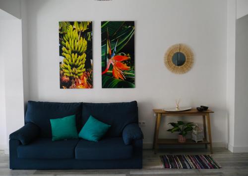 a blue couch in a living room with two paintings on the wall at Macaronesia Home in Santa Cruz de Tenerife