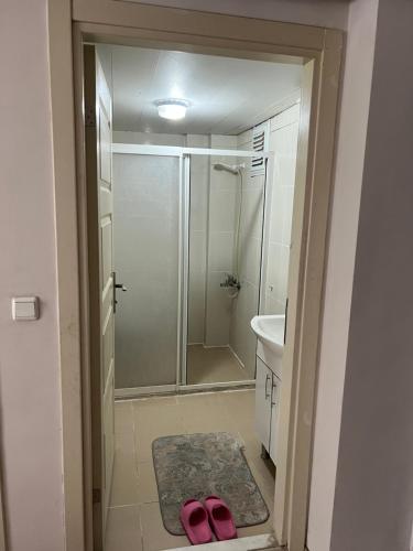 a bathroom with a shower and two pink shoes at Safranbolu student hostel woman only in Karabük