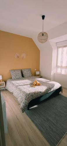 une chambre avec un lit sur lequel est allongé un chien dans l'établissement L'Escale Bretonne 6 personnes, proche mer et centre ville, jardin privé et clos, au Guilvinec