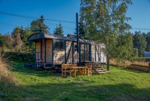 una casa con una mesa de picnic y un árbol en VAGONBublava en Bublava