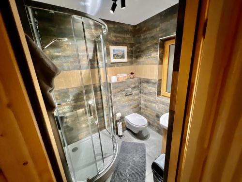 a bathroom with a shower and a toilet at Domek na Szlaku koło ZAKOPANEGO in Bańska Niżna
