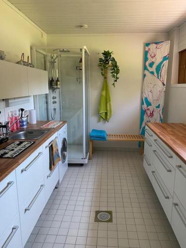 a kitchen with a sink and a shower in it at Metsäkoto, laadukas huoneisto Eurassa. in Rauma