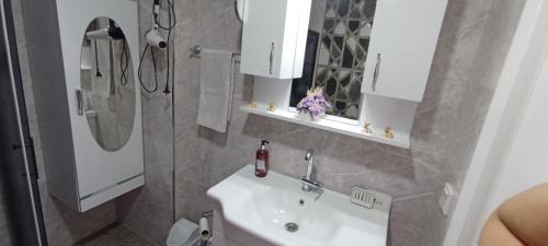 a bathroom with a sink and a shower at Sabinanın sıcak evi in Didim