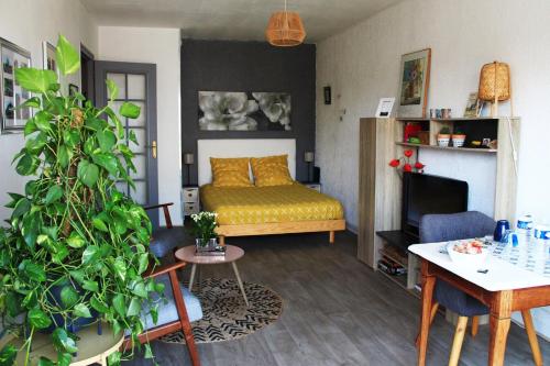 Cette chambre comprend un lit, une table et un canapé. dans l'établissement Le Clos Pichot - Studio avec balcon, parking privé - 5mn Gare, à Chartres