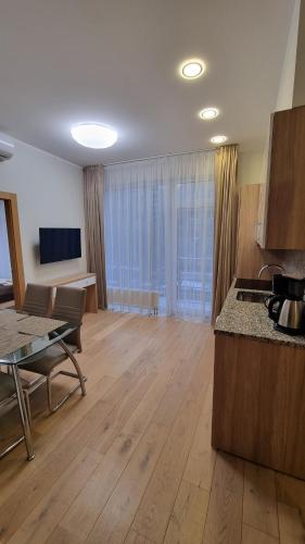 a room with a kitchen and a living room at Black Pearl Apartments in Jūrmala