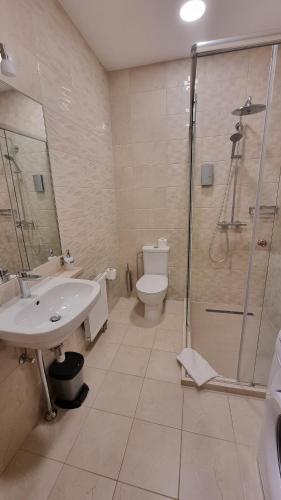 a bathroom with a shower and a sink and a toilet at Black Pearl Apartments in Jūrmala