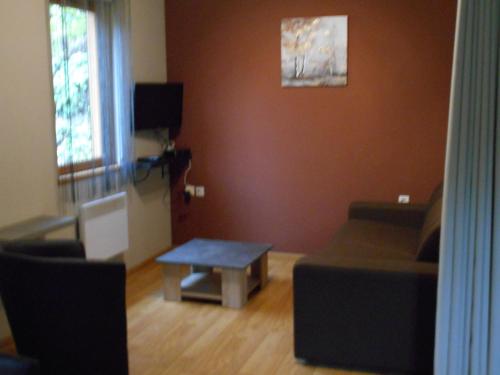 uma sala de estar com um sofá e uma mesa em Chalets à 10 minutes de Foix em Mercus-Garrabet