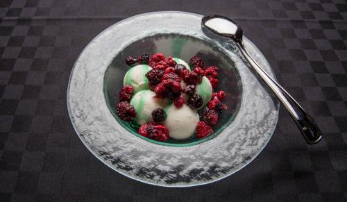 un bol de frutas con bayas en una mesa en Cabañas de Javalambre en Camarena de la Sierra