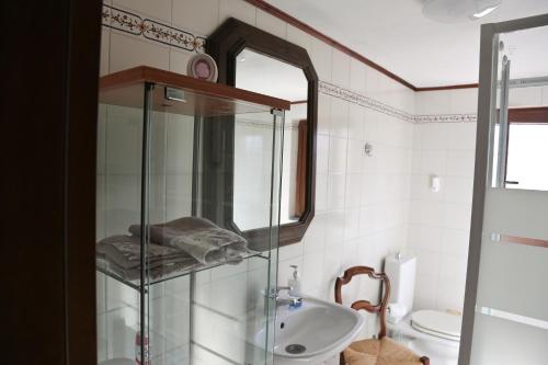 bagno con lavabo in vetro e servizi igienici di Latte & Miele a Maggiano