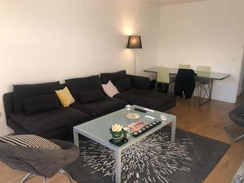een woonkamer met een zwarte bank en een tafel bij 4 pièces au Stade de France 80 m2 in Saint-Denis