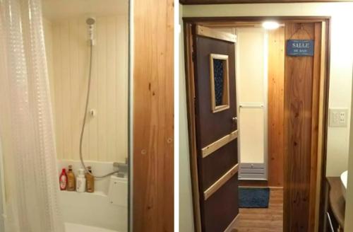 two pictures of a bathroom with a door and a shower at Private & Cozy Lodge - basecamp Imari in Imari