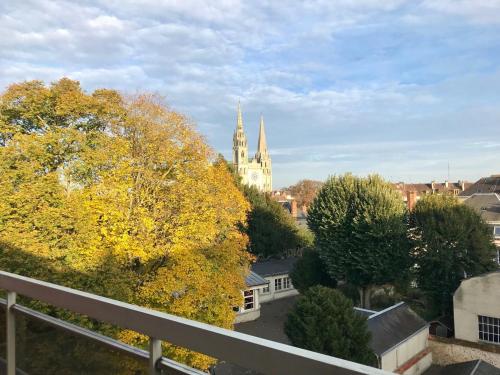 シャルトルにあるAppartement avec parking et balcon vue Cathédraleの教会を背景にした街並み