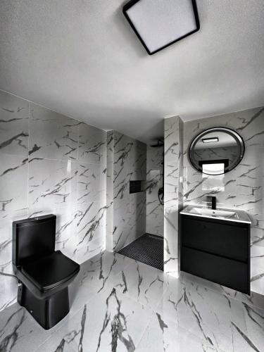 a bathroom with a toilet and a sink at Cabana Mario in Păltinoasa