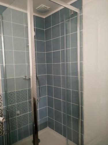 une salle de bain avec douche aux carreaux bleus dans l'établissement Typique cabanon provençal rénové Attention escalier extérieur pour accéder au 1er étage, à Gonfaron